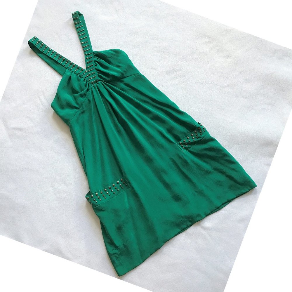 NWOT Vintage 00's Madison Marcus Silk Dress Green Studded Halter V-neck XS